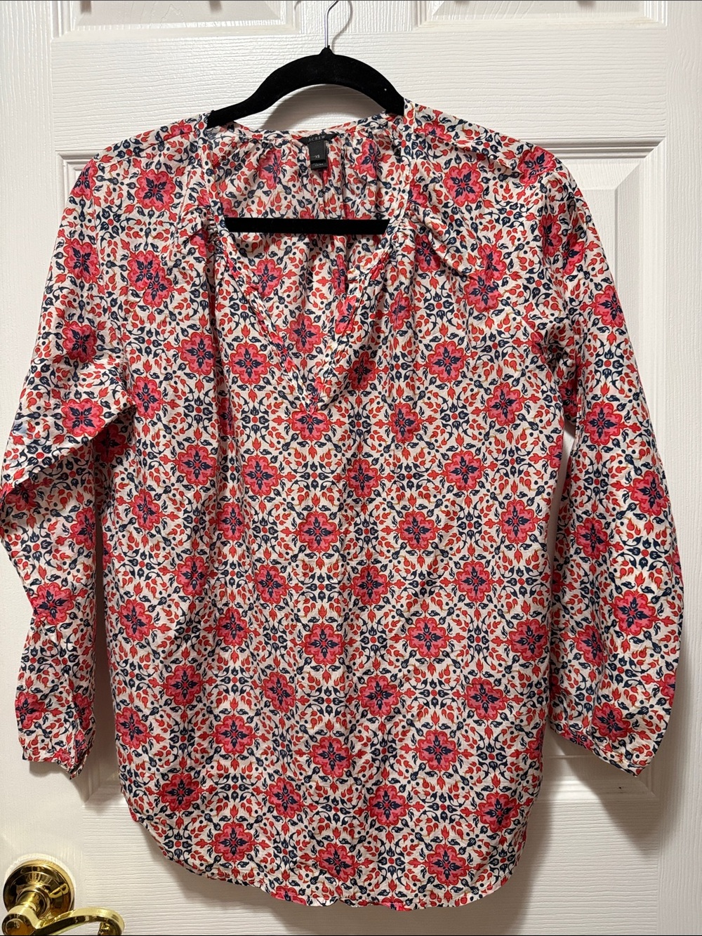 J. Crew Pink and White Floral Split-Neck Blouse